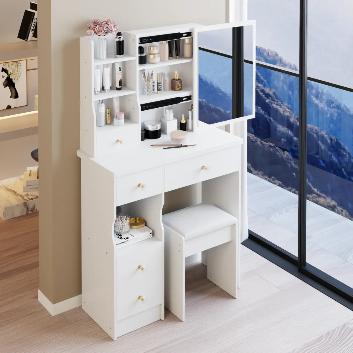 29.2" Small Space Left Drawer Desktop Vanity Table + Cushioned Stool, Extra Large Right sliding mirror, Multi Layer High Capacity Storage, Practical Fashionable Dresser, Suitable For Small Space campingessentials