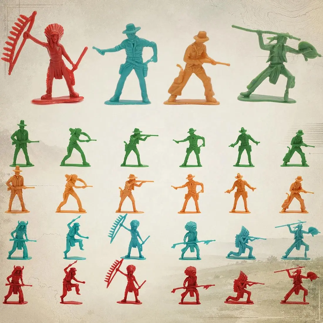 ViiKONDO 80 Pcs Western Miniature Figure Set 4 Colors Red/Blue/Green/Tan Plastic Soldier for Tabletop Board Game Diorama Display
