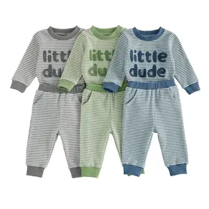 Infant Baby Boy Outfit Long Sleeve Letters Embroidery Romper and Striped Print Joggers Pants Set 0-18 Months