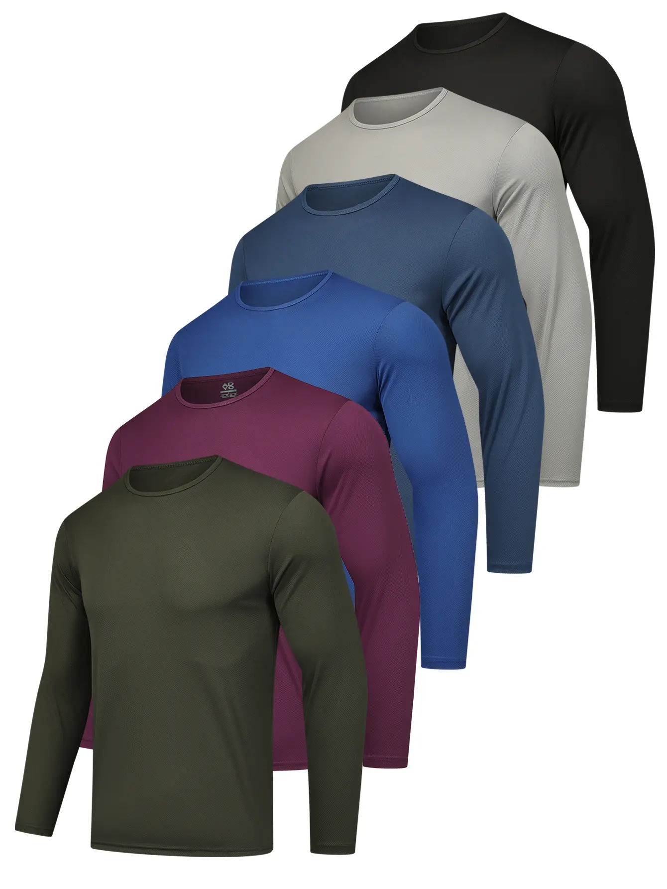 6-Pack Men's Long-Sleeve Sports T-Shirts, Solid Color Crew Neck Polyester Fitness Wear, Soft Breathable Fabric for Running, Machine Washable, Polyester Clothes