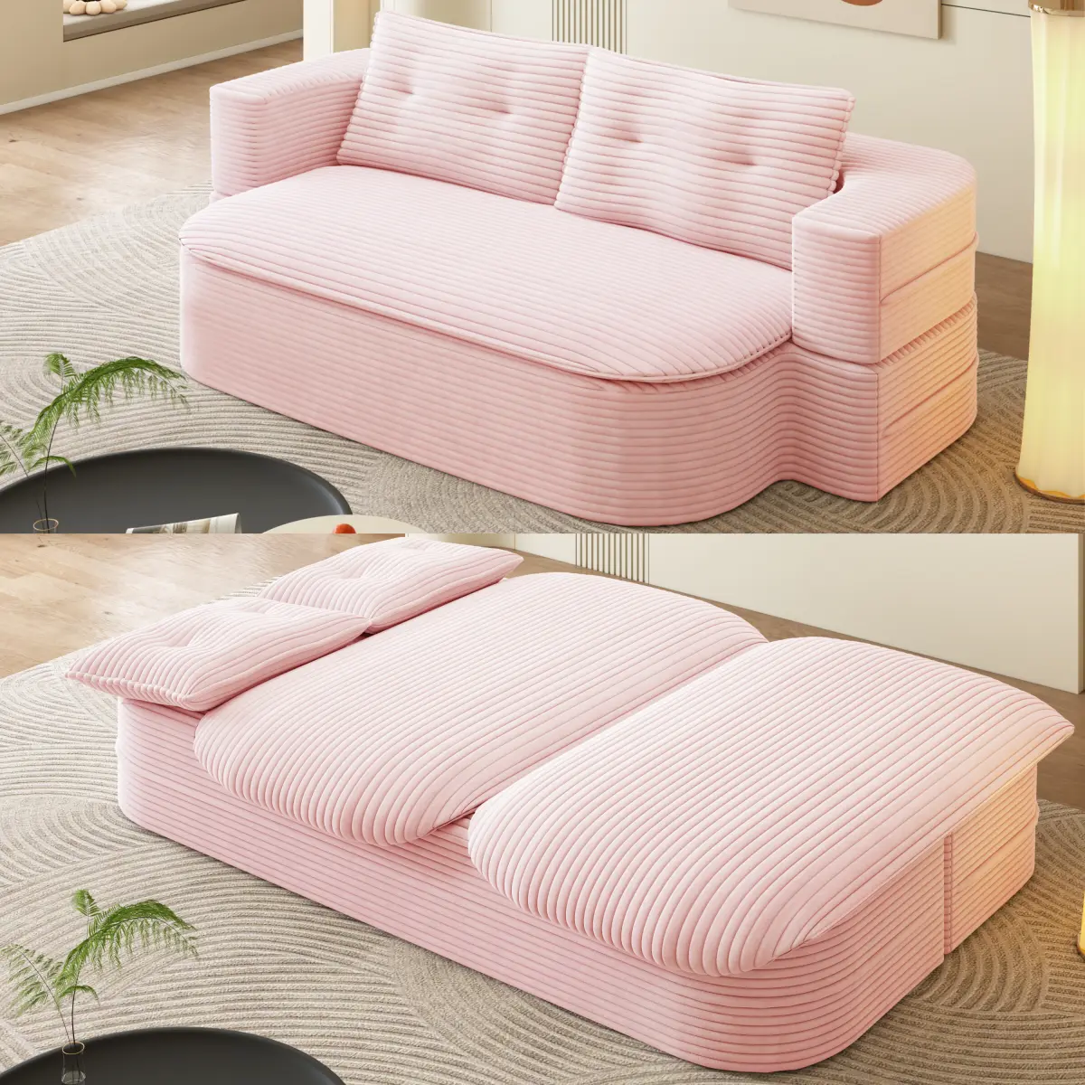 78.7" Full Size Boneless Couch Bed, Plush Corduroy Memory Foam Floor Sofa with Multi Functional Blanket, 2 in 1Convertible Sleeper Sofa Bed for Living Room, Offices, Apartment, No Assembly (Pink)