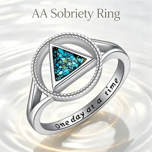 AA Sobriety Ring for Women Zinc Alloy Imitation Turquoise Stone Triangle Twisted Rope Inner Engraved One Day At A Time Alcoholics Anonymous Protection Strength Courage Recovery Meaningful Sobriety Gifts Sober Anniversary Encouragement Finger Rings