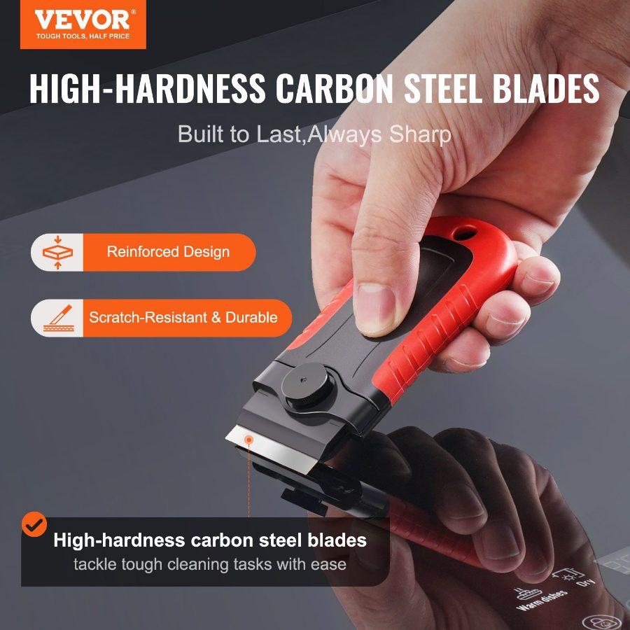 VEVOR Razor Blade Scraper, 15 Extra Blades, Locking Scraper Tool with Cap, Carbon Steel and POM Blades, for Cleaning Labels, Stickers, Decals, Paint from Glass Window Stovetop Cooktop Oven