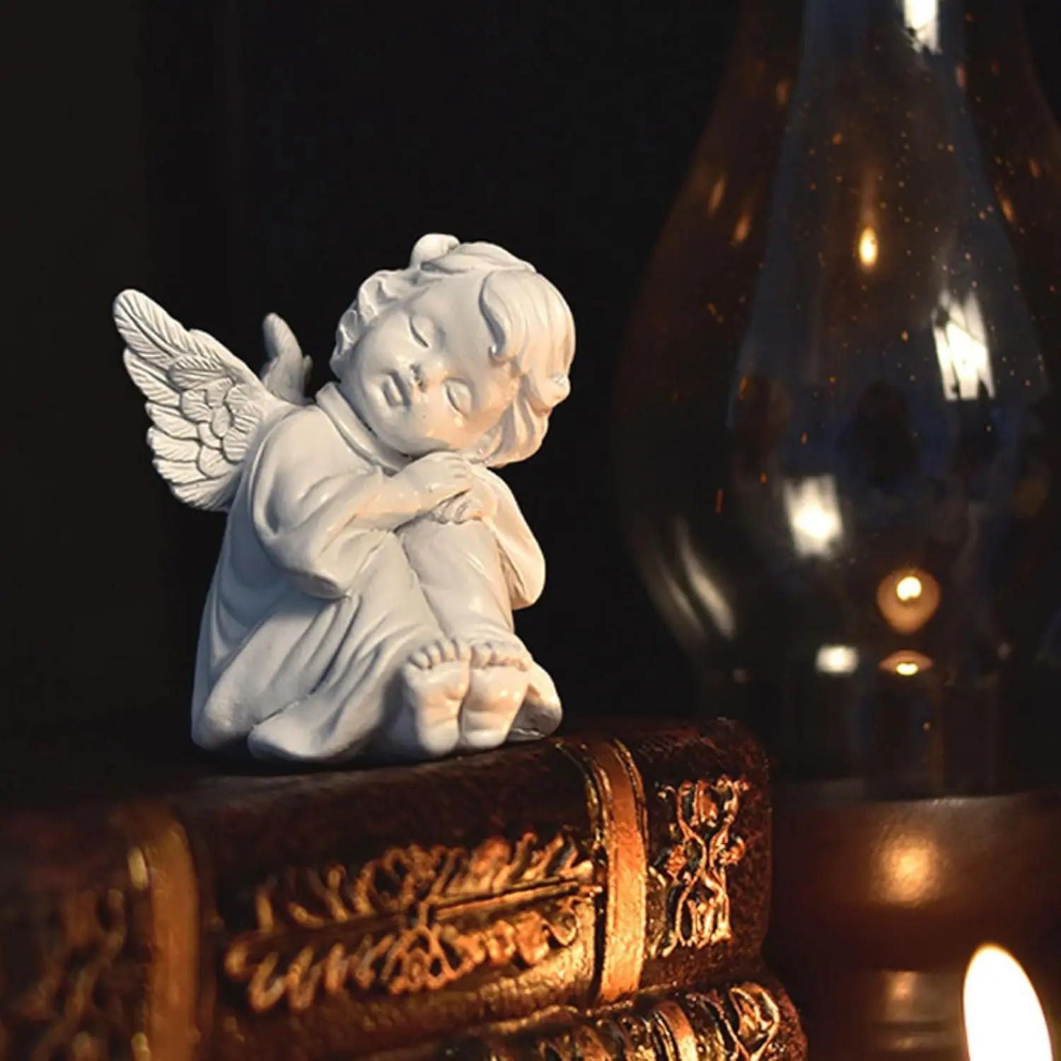 Little Angel Statue Figurine,  Cherub Statue Sleeping Angle Sculpture, Remembrance  Sympathy  for Memorial, Shelf  Living Room Desktop Office Decoration - White