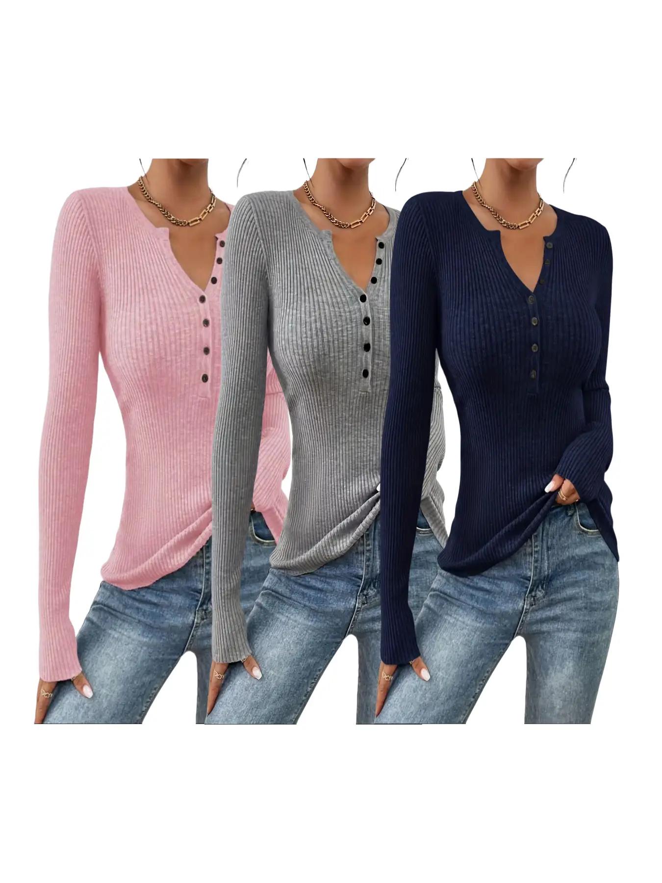 Women's Plain Button-Front Ribbed Sweater, Elegant Chic Slim Fit Long Sleeve Round Neck Jumper for Spring, Fashion Ladies' Knitwear for Daily Wear, Slim Fit Sweater for Women