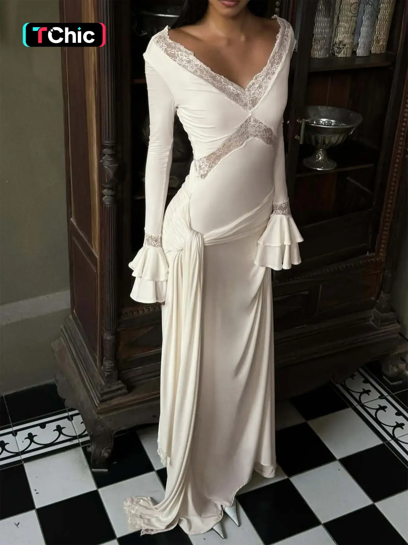 Women's Solid Contrast Lace Long Sleeve Ruched Ribbon Long Dress, Lace Trim V Neck Layered Flared Flounce Sleeves Lace-up Plain Slim Fit Maxi Dress, Ladies Spring Fall Winter Party Club Evening Date Long Dresses Outfit Formal Wear, Womenswear