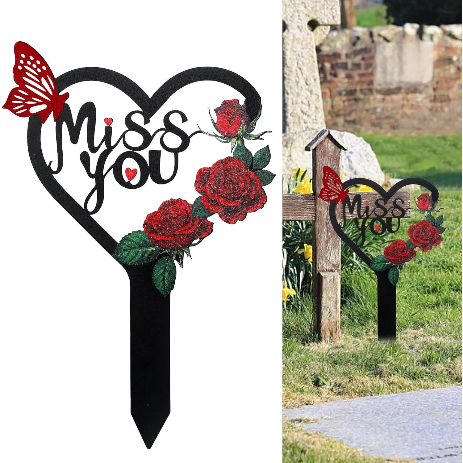 Memorial Grave Markers Heart Memorial Plaque Stake Large Cemetery Decorations for Grave Miss You Memorial Metal Grave Markers for Mom Dad Cemetery Outdoors Yard Garden (Heart)