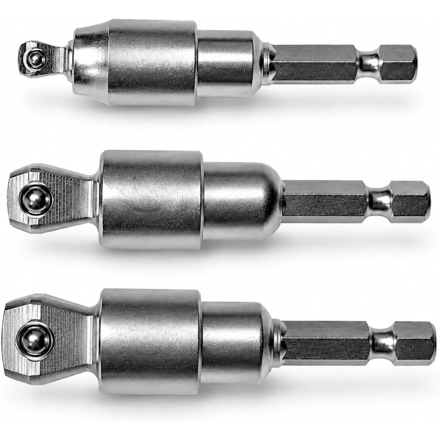 WAD0301 Multi-Angle Swivel Socket Adapter Set, 1/4" Hex Shank to 1/4" 3/8" 1/2" Wobble Socket -  Pivot  Joint, 15° Offset, 360° Rotation, S2 & 6150 Steel with Chrome Finish