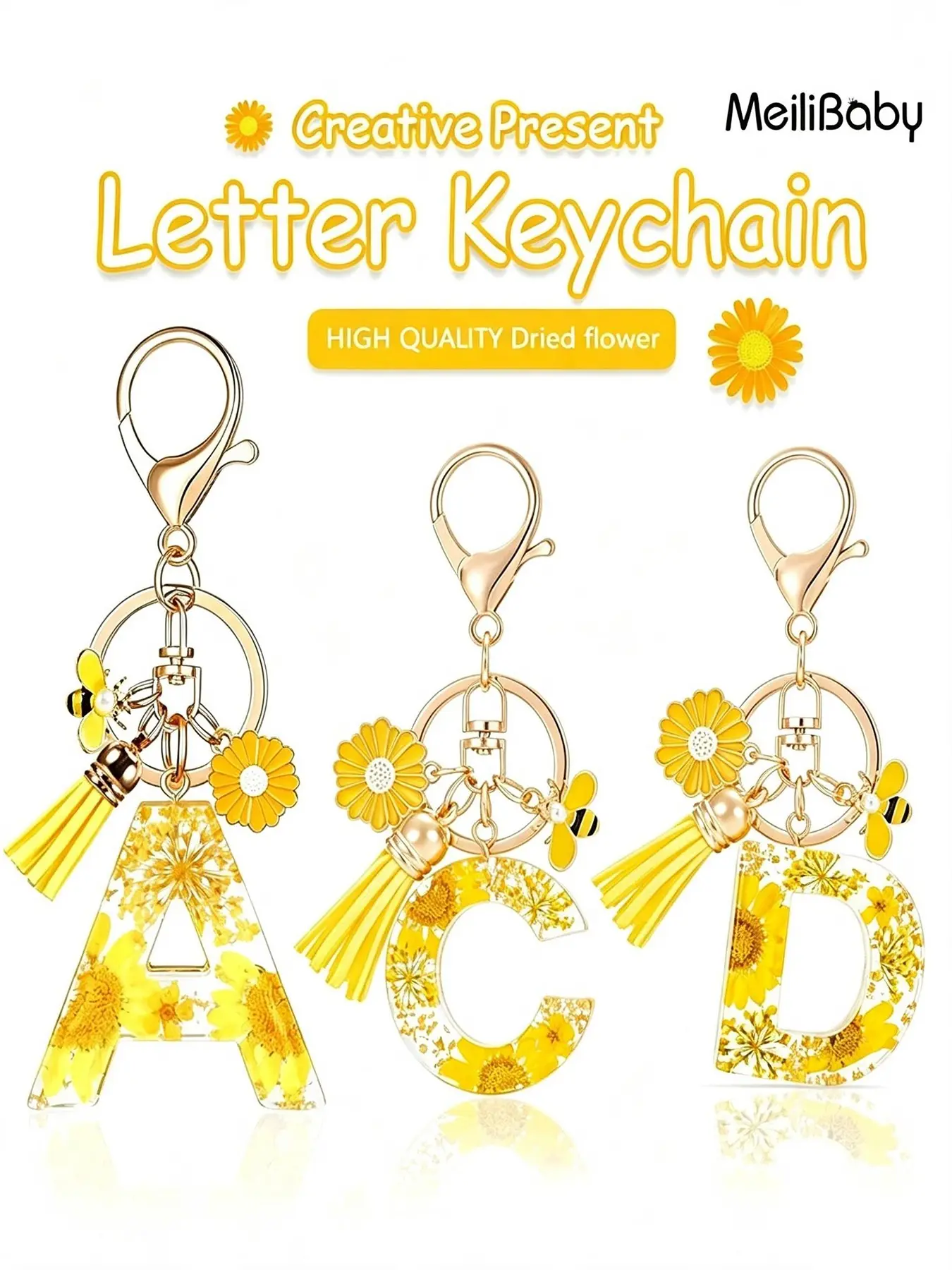Adorable Letter a Bee Keychain, Resin Sunflower Pendant, Women's Car Key Holder, Bag Accessory, Couple Gift, Backpack Charm