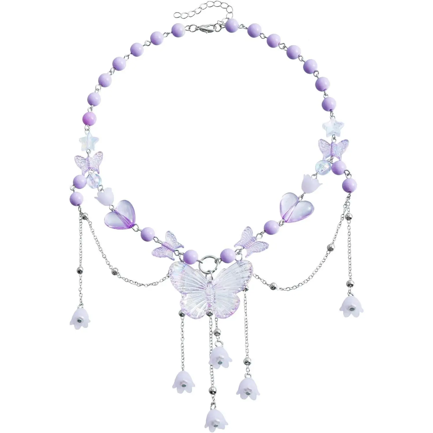 Fairy Necklace and Y2K Butterfly Choker,  Aesthetic Floral  for Women, Layered  Beaded Flower Drop -Tone Metal Chain