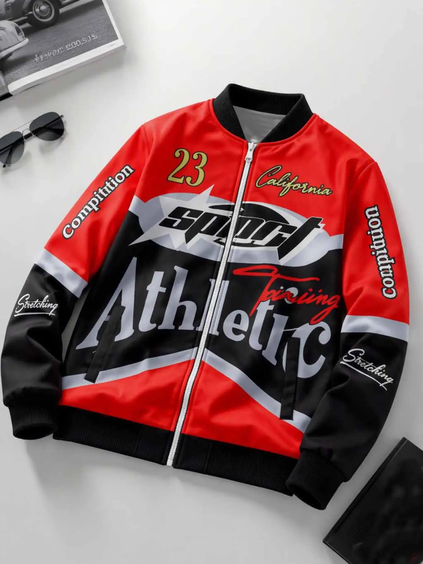 Men's Block Sport Pattern Full Zip Baseball Jacket, Vintage Print California Letter Windproof Jacket, Streetwear Fall Winter Coat