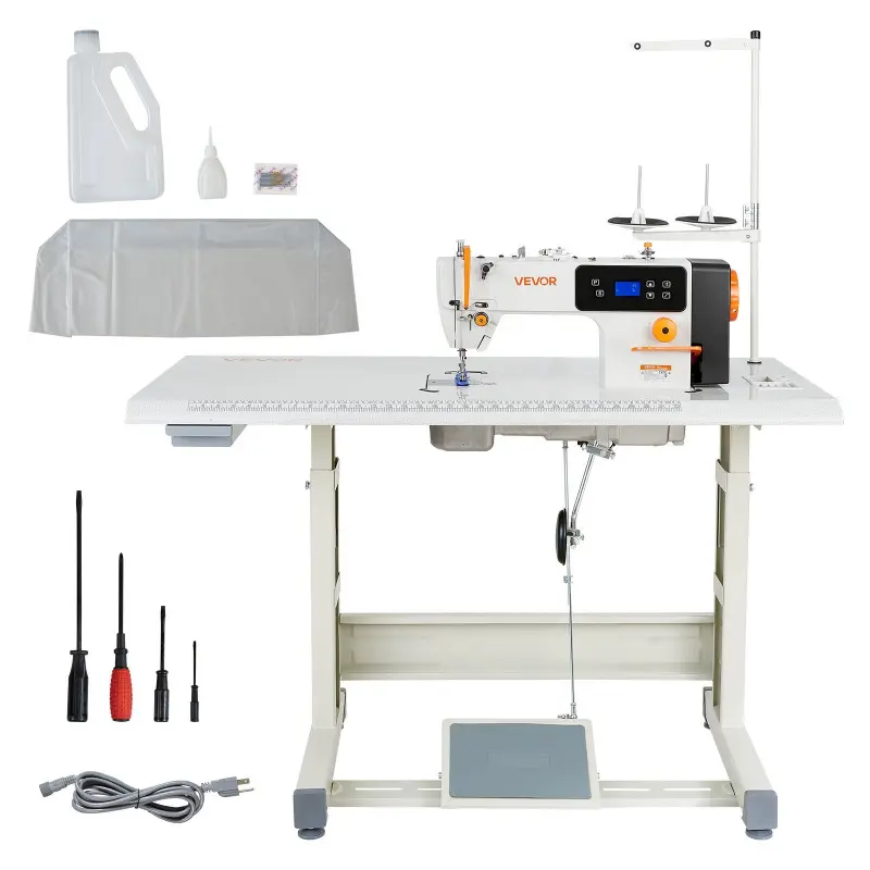 【Summerfinds】VEVOR JK9808 Industrial Lockstitch Sewing Machine Set, 550W Servo Motor, Table Stand, 5000 SPM High-Speed, Aluminum Alloy-Metal Frame, LCD Panel, LED Light, for Denim, Wool, Garments