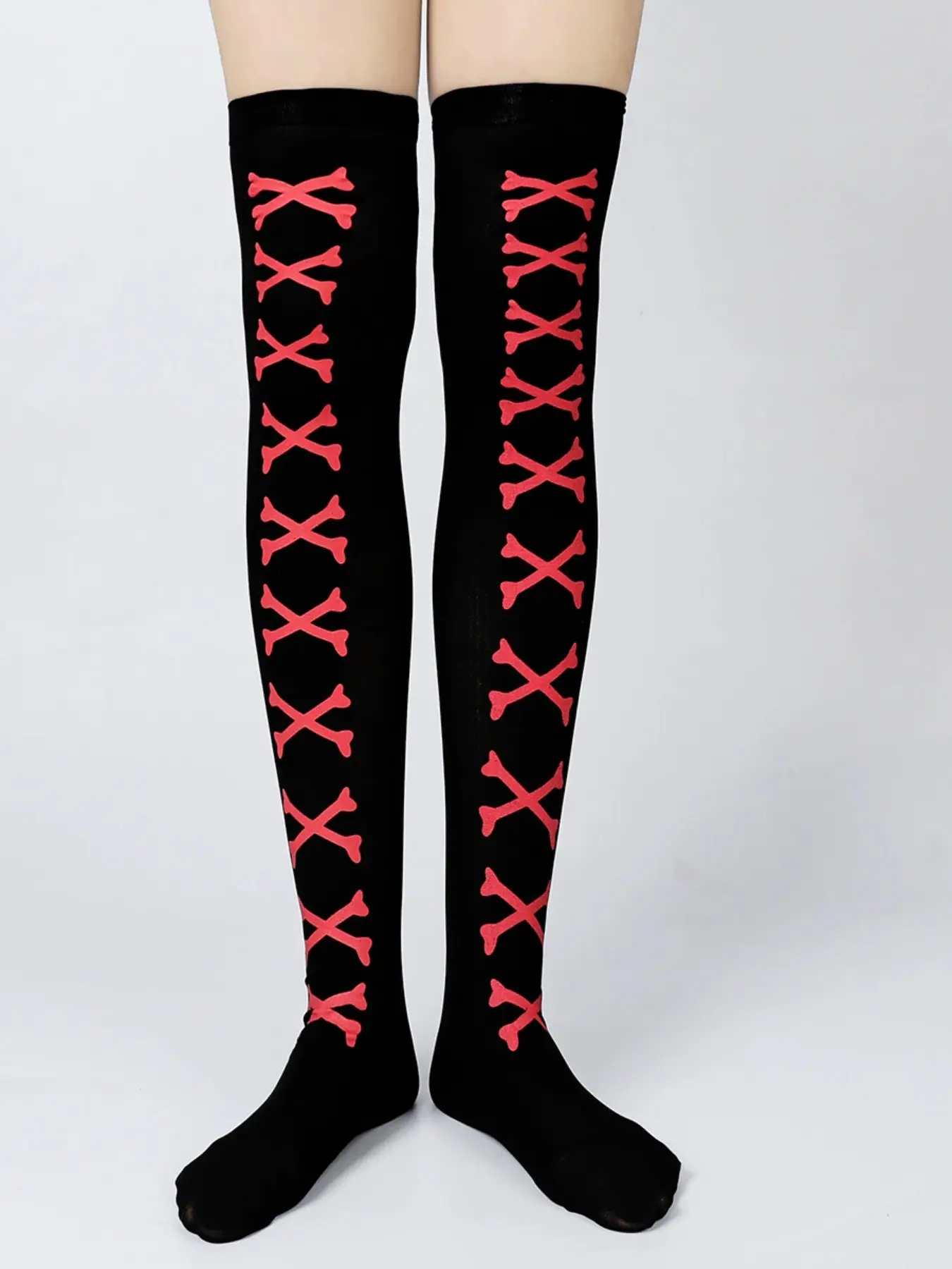 Dark Punk Over-The-Knee Socks, Bone Cross Print, Slimming Effect, High-Waisted Silk Stockings, Trendy Gothic Style