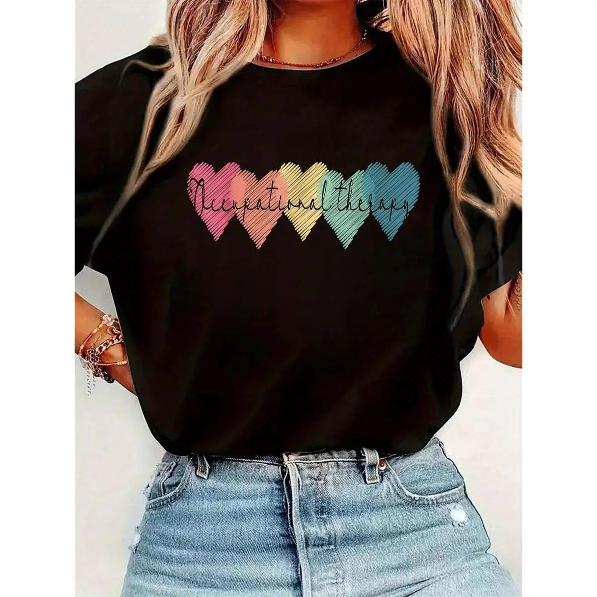 Women's Casual 100% Cotton T-Shirt for OT Month, Occupational Therapy Graphic Top with Short Sleeves and Regular Fit, Shortsleeve, Fabric, Knit, Tshirt, Alphabet Print,clothes for back to school,first day of school outfits