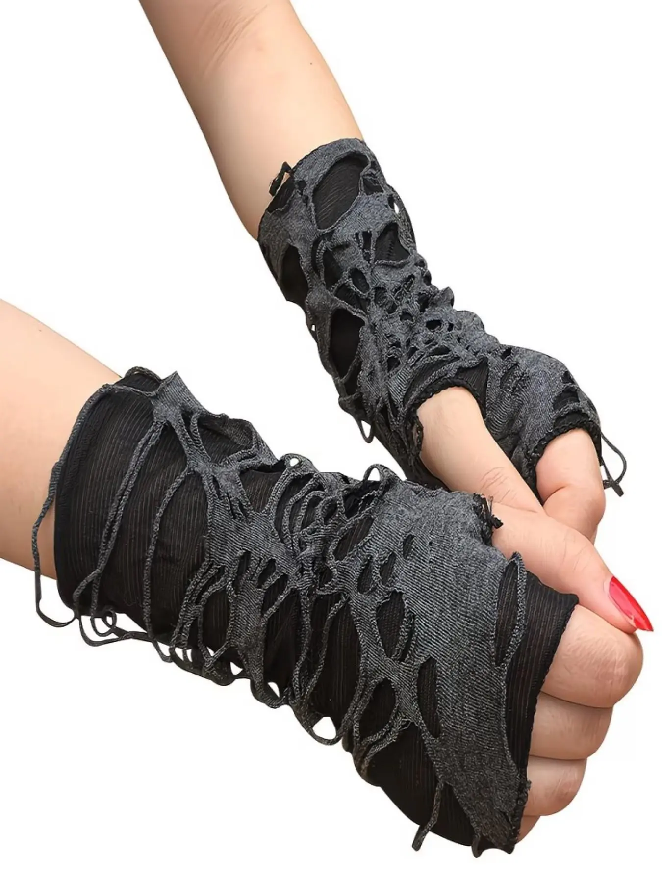 Vintage Ripped Gloves and Sleeves, Skeleton Gloves, Retro Post-Apocalyptic Style, Fingerless Hollow Design, Elastic Breathable, Halloween/goth Punk Accessories