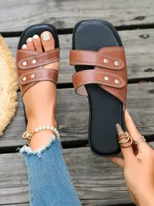 Summer New Rhinestone Two-Band Sandals, Open-Toe Breathable Soft Sole Anti-Slip Roman Shoes, Fashion Beach Footwear for Women
