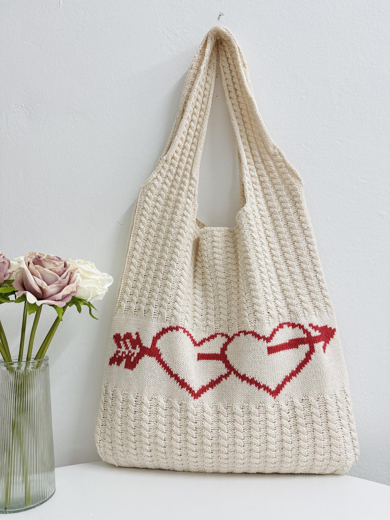 Heart Pattern Crochet Summer Tote Bag for Women, Summer 2024 Large Everything Tote Bag, Large Beach Bags, Trendy High Quality Everyday Shoulder Bag for Daily