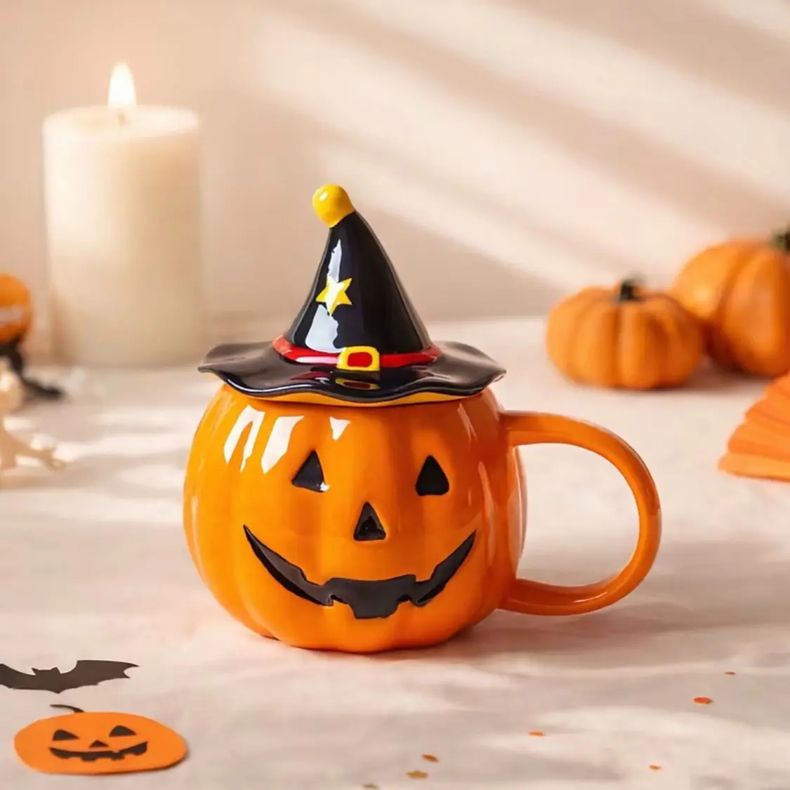 Halloween Novelty 3D Pumpkin Wizard Hat Ceramic Mug with Lid, Food-Grade Lead-Free Heat-Resistant Cup, Dishwasher & Microwave Safe Jack-o'-Lantern Mug for Coffee Tea Water, Home Office Bar Decor, Halloween Season Trick or Treat Gift & Party Favors