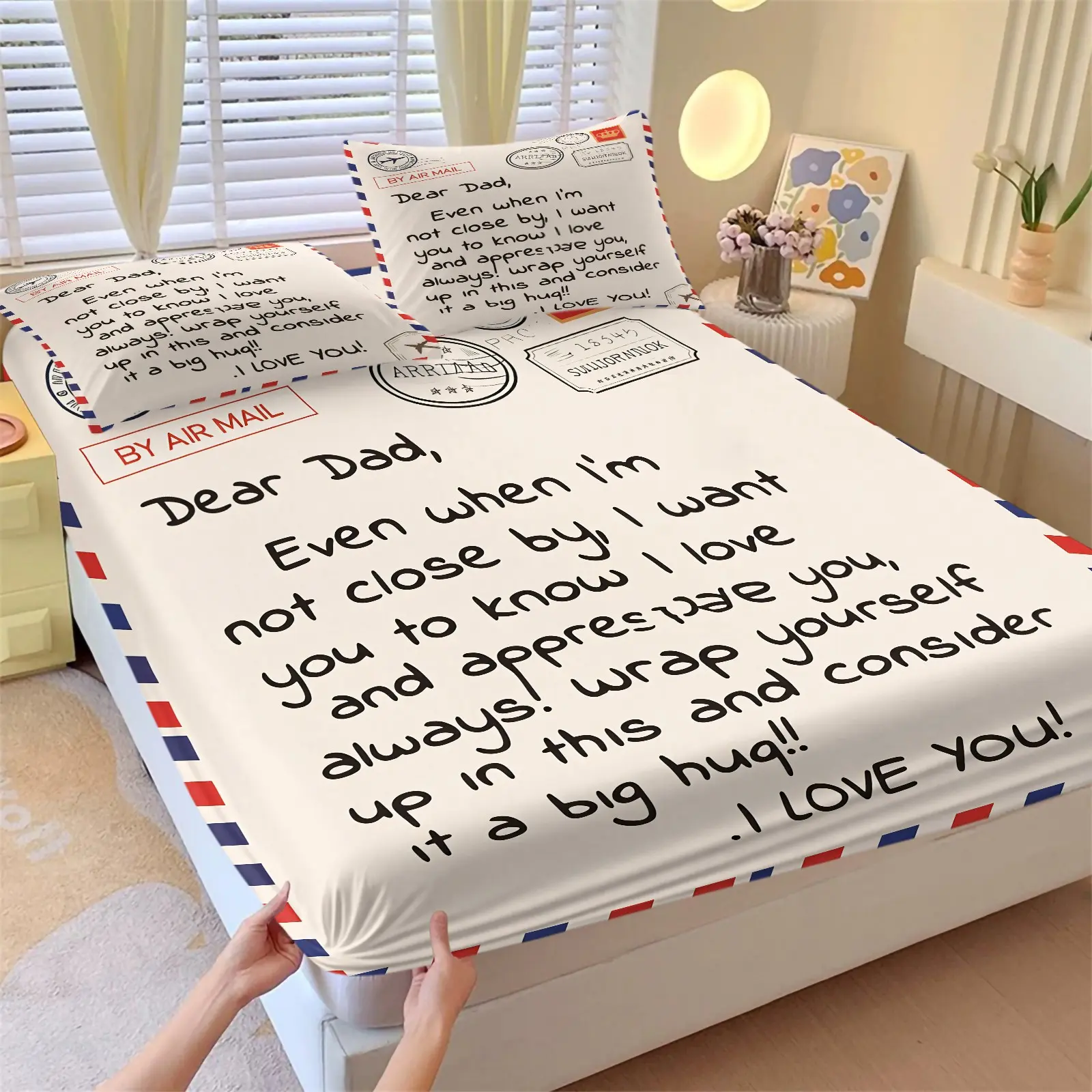 Dear Dad Letter Fitted Sheet Set, Air Mail Themed Bed Sheets Set, 1 Fitted Sheet & 2 Pillowcase, No Filling, Sentimental Gift Bedding Set for Dad Bedroom Decor, Perfect Father's Day Birthday Gift