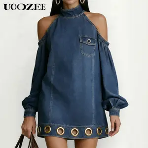 UOOZEE Women's Halter Cold Shoulder Denim Mini Dress, Puff Sleeve Eyelet Hem A-Line Short Jean Dress, Streetwear Summer Mini Dress, Loose Shift Casual Outfit, Size Up for Full Bust