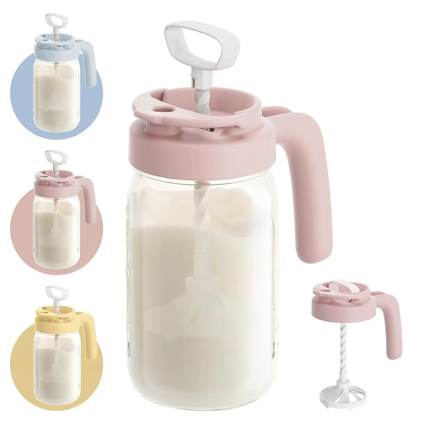 Pink Glass Formula Preparation Pitcher for Babies, BPA-Free Wide-Mouth Mason Jar with Fast Mixing Handle, Lockable Lid & Breast Milk Storage Function (Formula Milk Storage & Organization), Preparation Device Formula Milk Storage & Organization