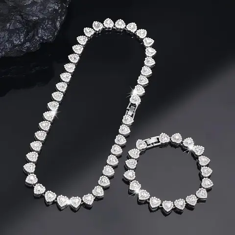 2pcs Set Heart Shaped Cuban Chain Necklace and Bracelet Set for Hip Hop Style, Luxurious Jewelry Set for Valentine's Day Gifts, Birthday, Everyday & Party Wear, Ideal Gift