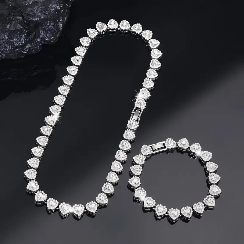 2pcs Set Heart Shaped Cuban Chain Necklace and Bracelet Set for Hip Hop Style, Luxurious Jewelry Set for Valentine's Day Gifts, Birthday, Everyday & Party Wear, Ideal Gift