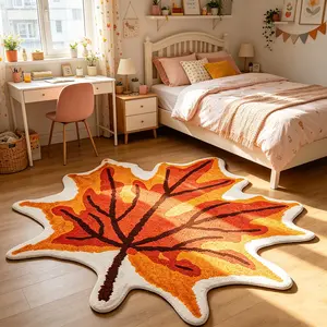 Autumn gradient maple leaf shaped carpet warm plush floor mat bedroom bedside anti slip foot mat suitable for wooden/retro home decoration