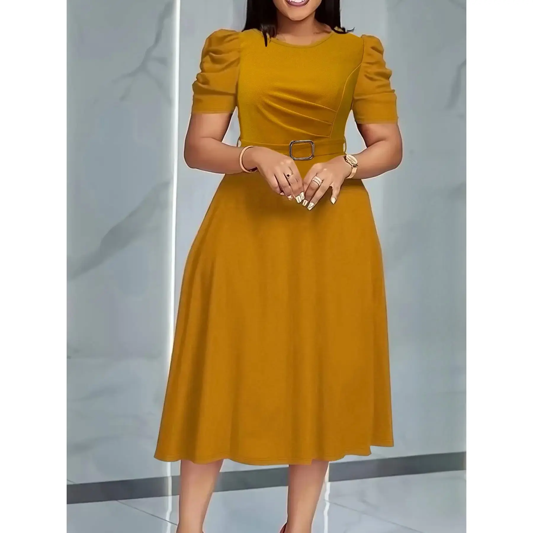 Summer Camel Bubble Sleeve Midi Dress, Slim-Fitting A-Line with Waist Belt, Elegant Chic Everyday Office Wear, Perfect for Church Weddings
