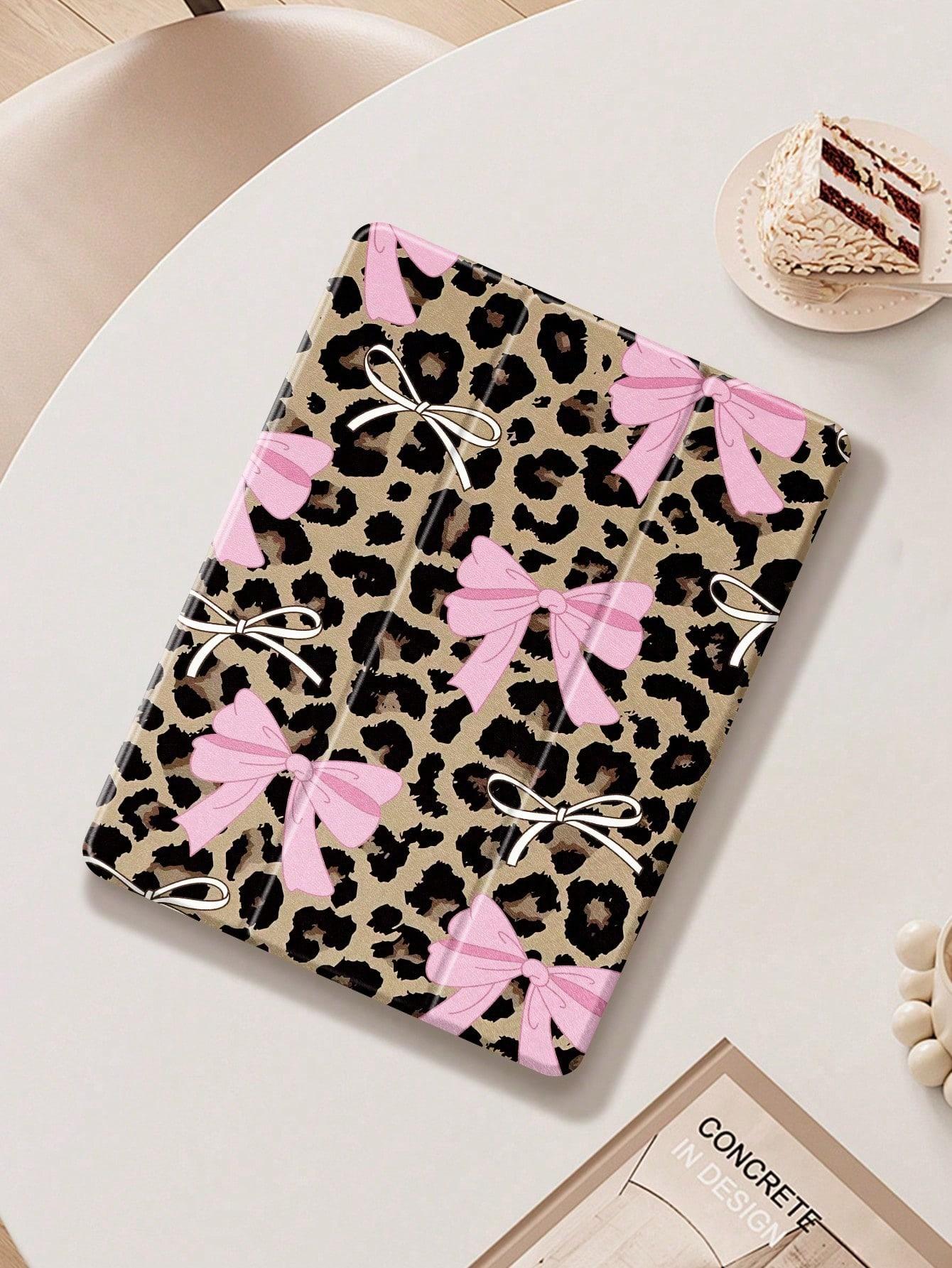 Leopard Bow IPad tablet Case, Compatible with Ipad 10th gen,ipad Mini 4/5/6/7, 2024 air 11inch, 11th 2025, 2019/2020/2021 10.2inch, air 5/6/7, and Samsung A7/A8/A9/S7/S8/S9, Automatic Wake Up/Sleep/built-in Pen Slot, Three-fold Protective Tablet Case