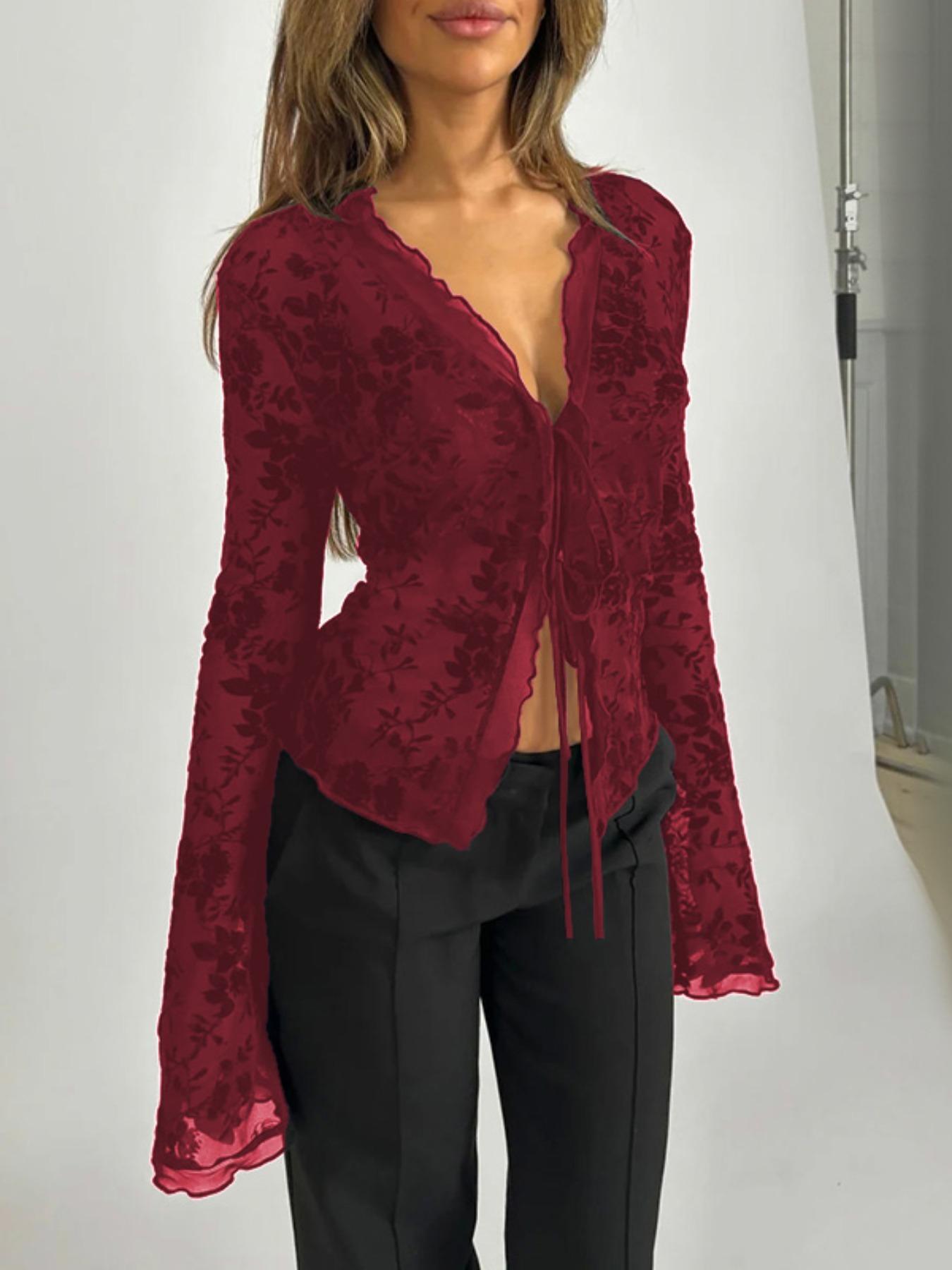 Women's Plain Floral Print Tulle Top Blouse, Classy Elegant Slim Long Sleeve Top for Summer, Ladies Clothes for Daily Wear