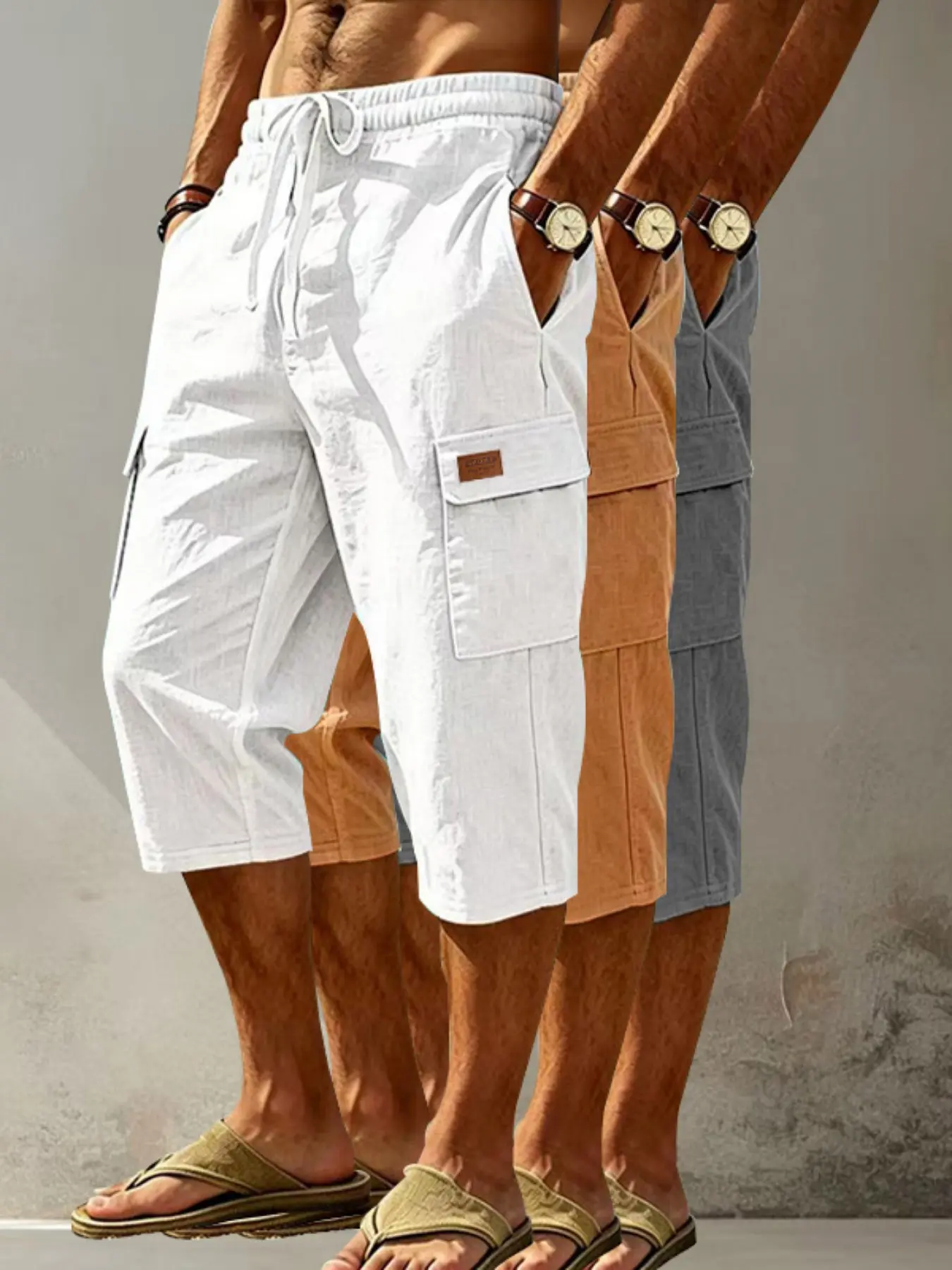 Men's Summer Loose Fit Linen Shorts, Casual Outdoor Workwear, Multi-Pocket 7/8 Inch Pants, Three-Piece Set with Standing Label