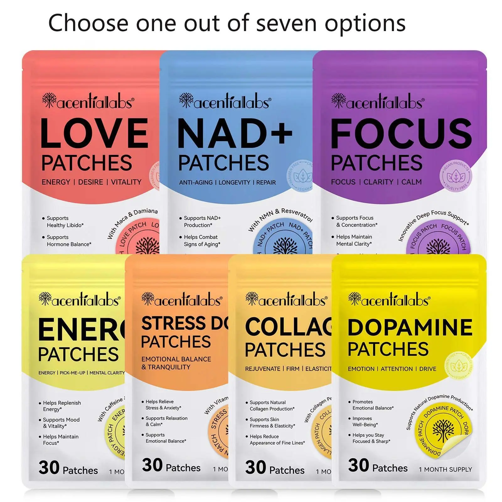acentiallabs Patch Set, 7 options to choose from, skincare patches, daily emotional and motivational support, mood-boosting patches, supporting your daily mental well-being