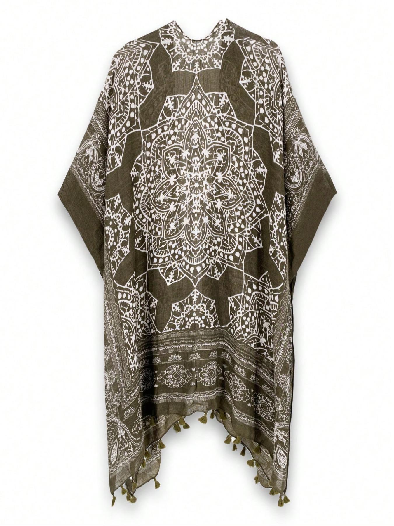 Women's Ethnic Pattern Fringe Trim Kimono Cover Up, Boho Batwing Sleeve Open Front Cover Up, Ladies Summer Clothes for Beach Holiday Vacation, Beach Cover Ups, Swimsuit Cover Ups