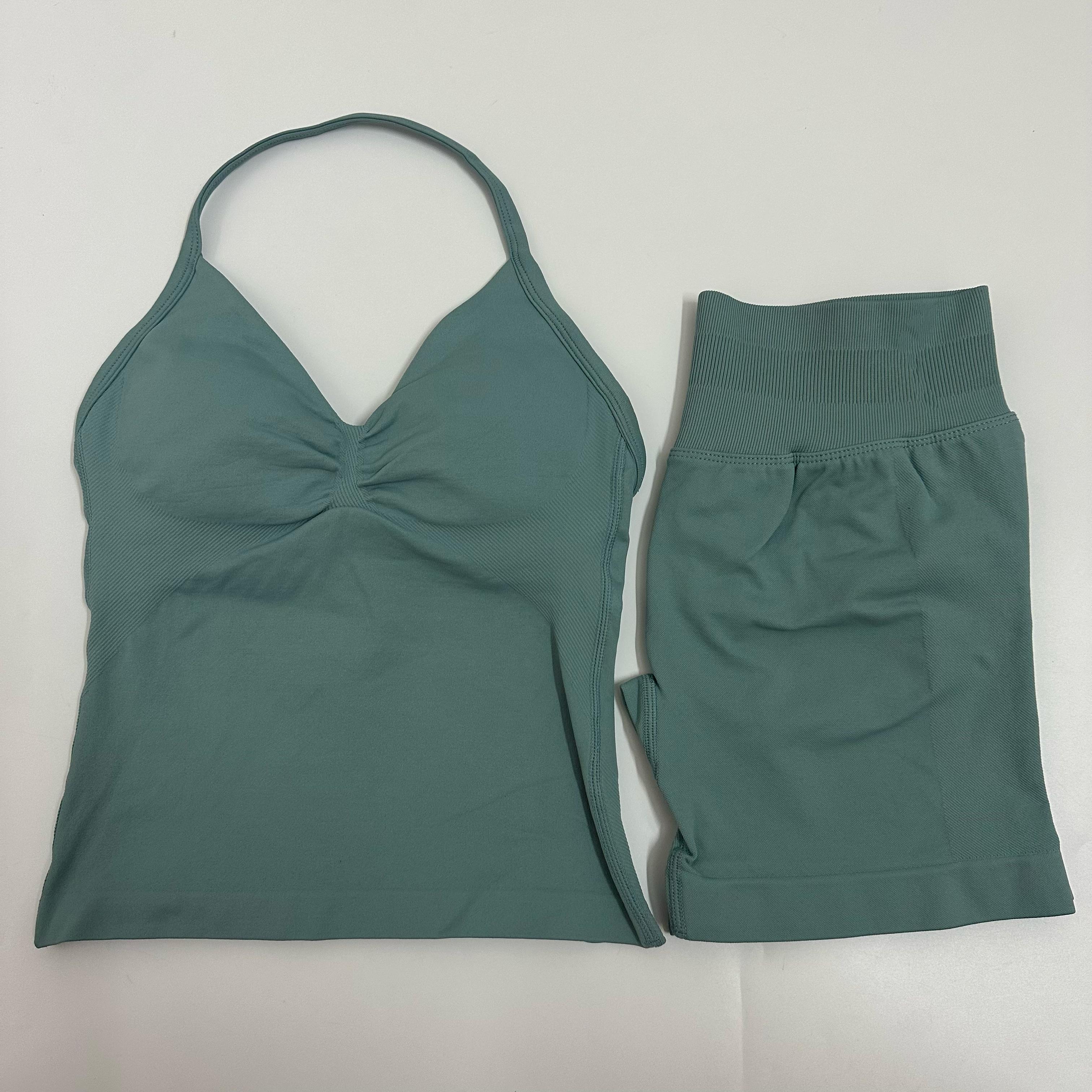 2 Pieces Women Yoga Set Seamless Yoga Longline Strappy Tank Top Scrunch Sports Shorts Gym Clothes Woman Summer Workout Outfit Athleisure Wear