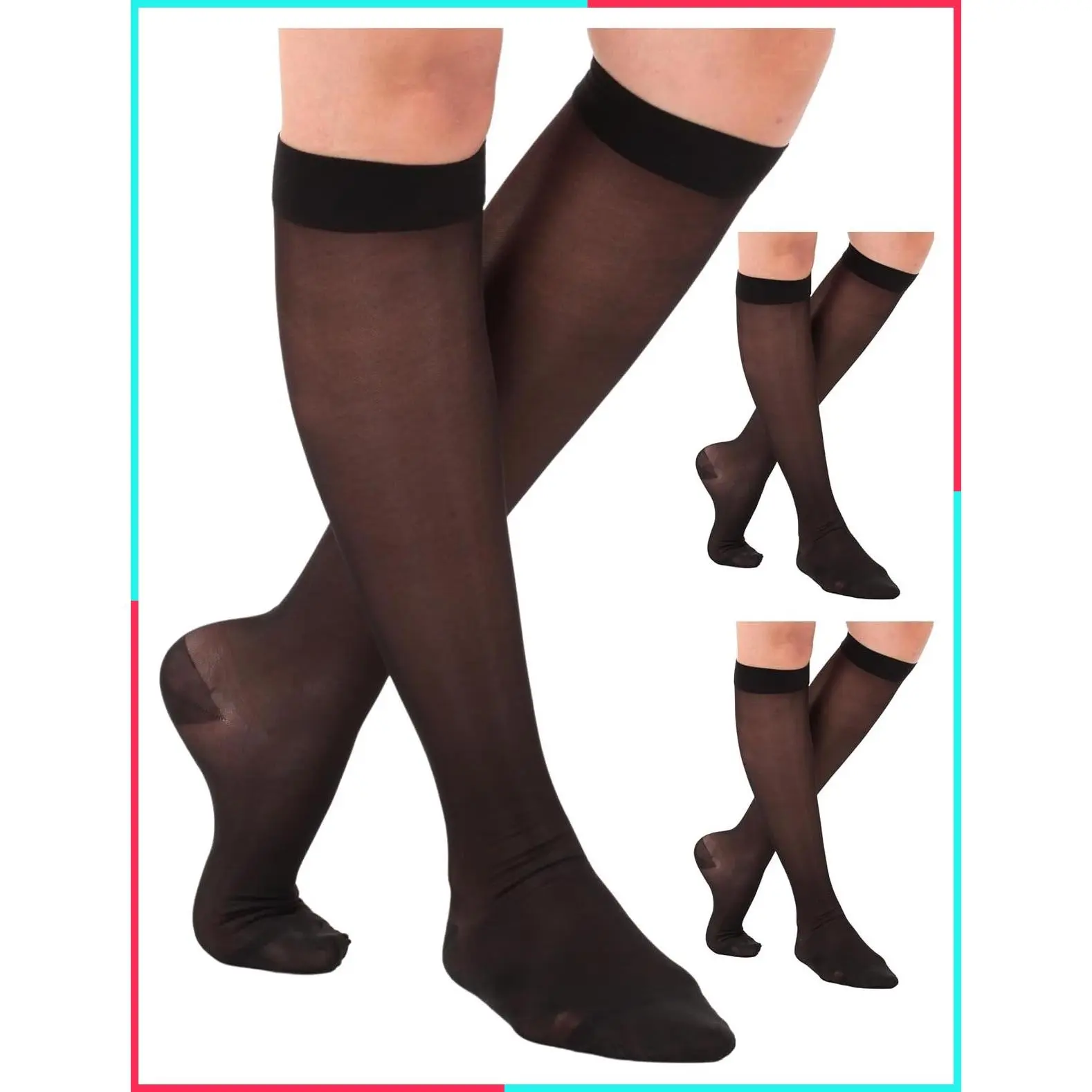 3 Pairs Sheer Compression Socks 15-20mmHg, Black, Large