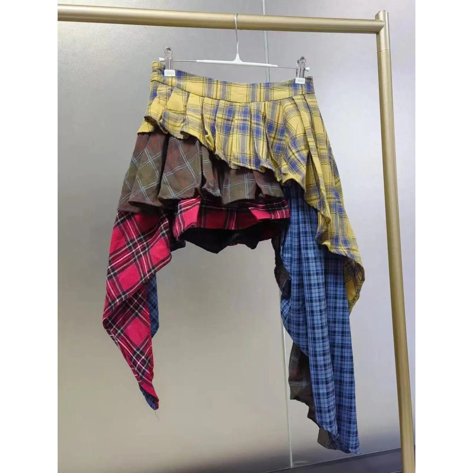 Real Photo Autumn Trend New Fashion Cotton Plaid Patchwork Irregular Skirt High Waist Pants Skirt Women's Streetwear Y2K Skirt