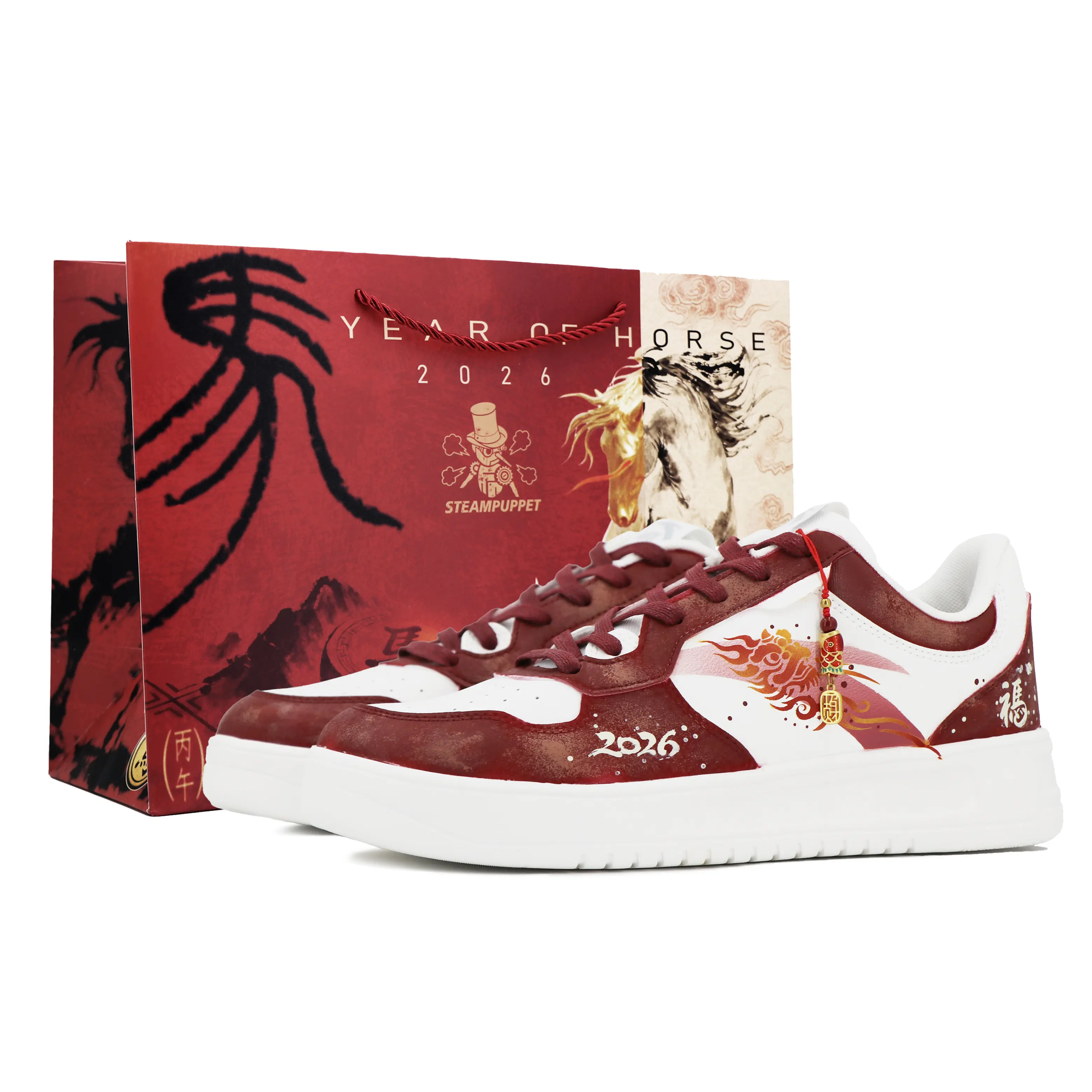 Women's Easy Steam Puppet Lunar New Year Horse Year Red-White Low-Top Casual Shoe, Trainer, Sports Shoes, Footwear with Verifiable Credentials & Global Authentication Support