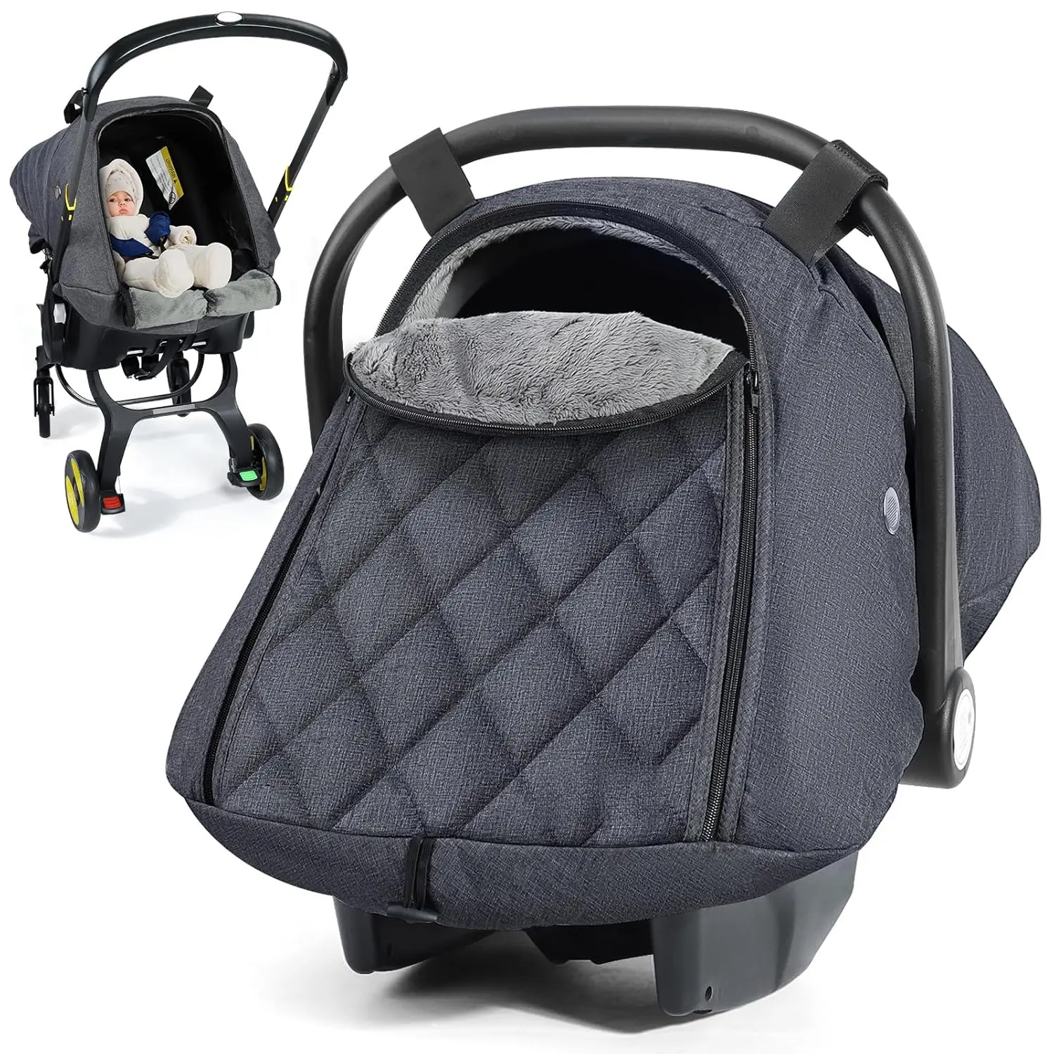 Dark Grey Winter Baby Car Seat Cover - Doona Car Seats Compatible, Zipper Access, Breathable, Rainproof, Snowproof, Windproof Winter Baby Essentials Carrier Canopy
