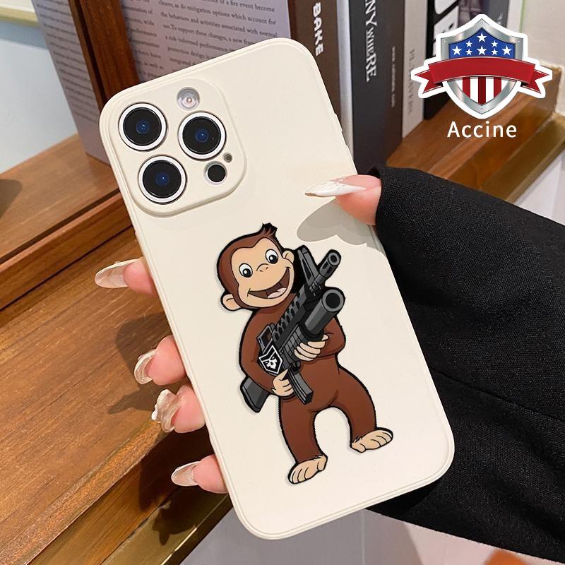 Machine Gun Monkey Pattern Straight Edge Phone Case for iPhone 17 16 Pro Max 15 14 13 12 11 Air XR E XS Plus Shockproof Non Slip Military-Grade Protection Silicone Cover