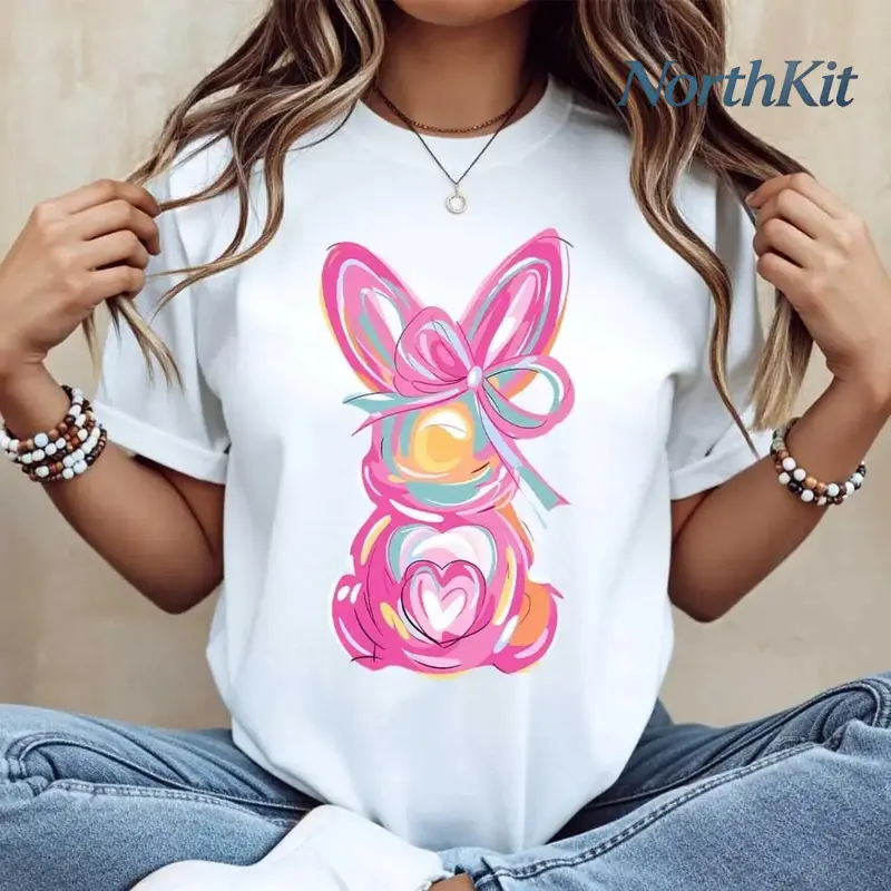 Women Casual Round Neck Short Sleeve T-Shirt White Easter Bunny With Pink Bow And Colorful Swirls Print For Spring Festival And Holiday Wear