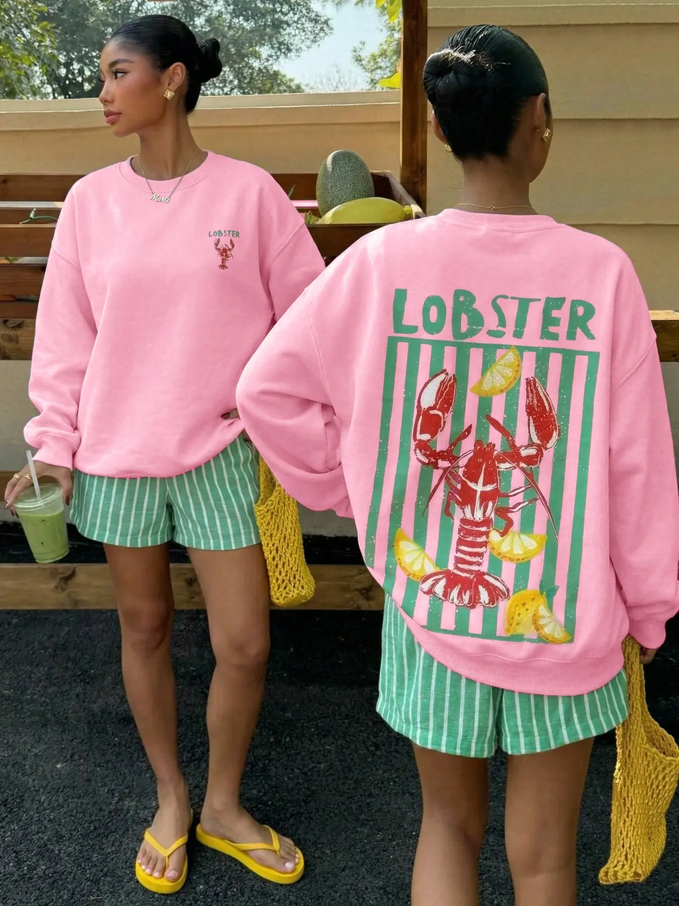 Women's Pullover Sweatshirt with Striped Lobster Print, Fashionable Commuter Top, Casual, Versatile Campus Style, Trendy and Stylish, Chic