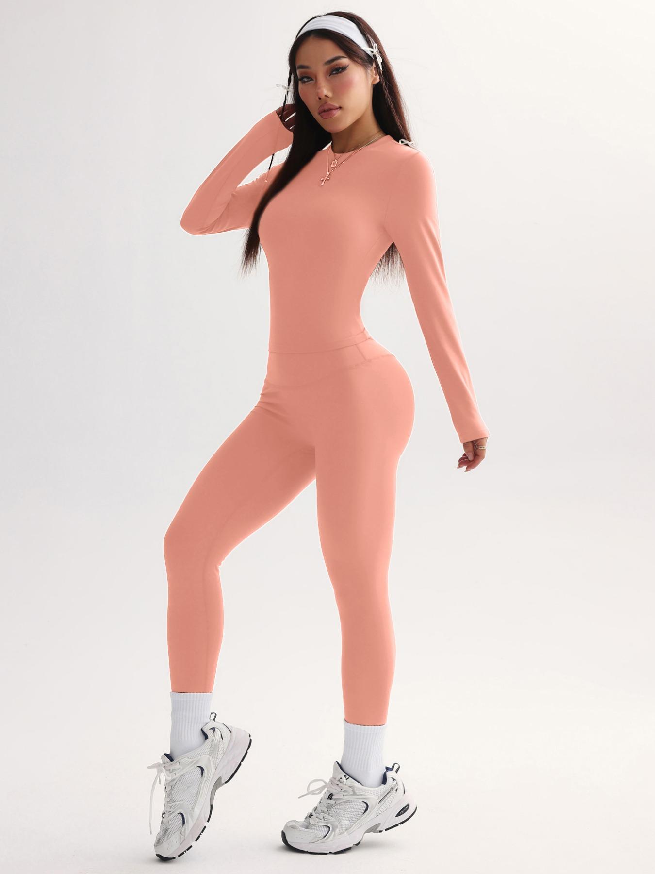 Women's Solid Crew Neck Long Sleeve T-Shirt & High Waist Skinny Pants Set, Comfortable Sportswear for Yoga Fitness Workout, Casual Workout Loungewear, Tight Sports