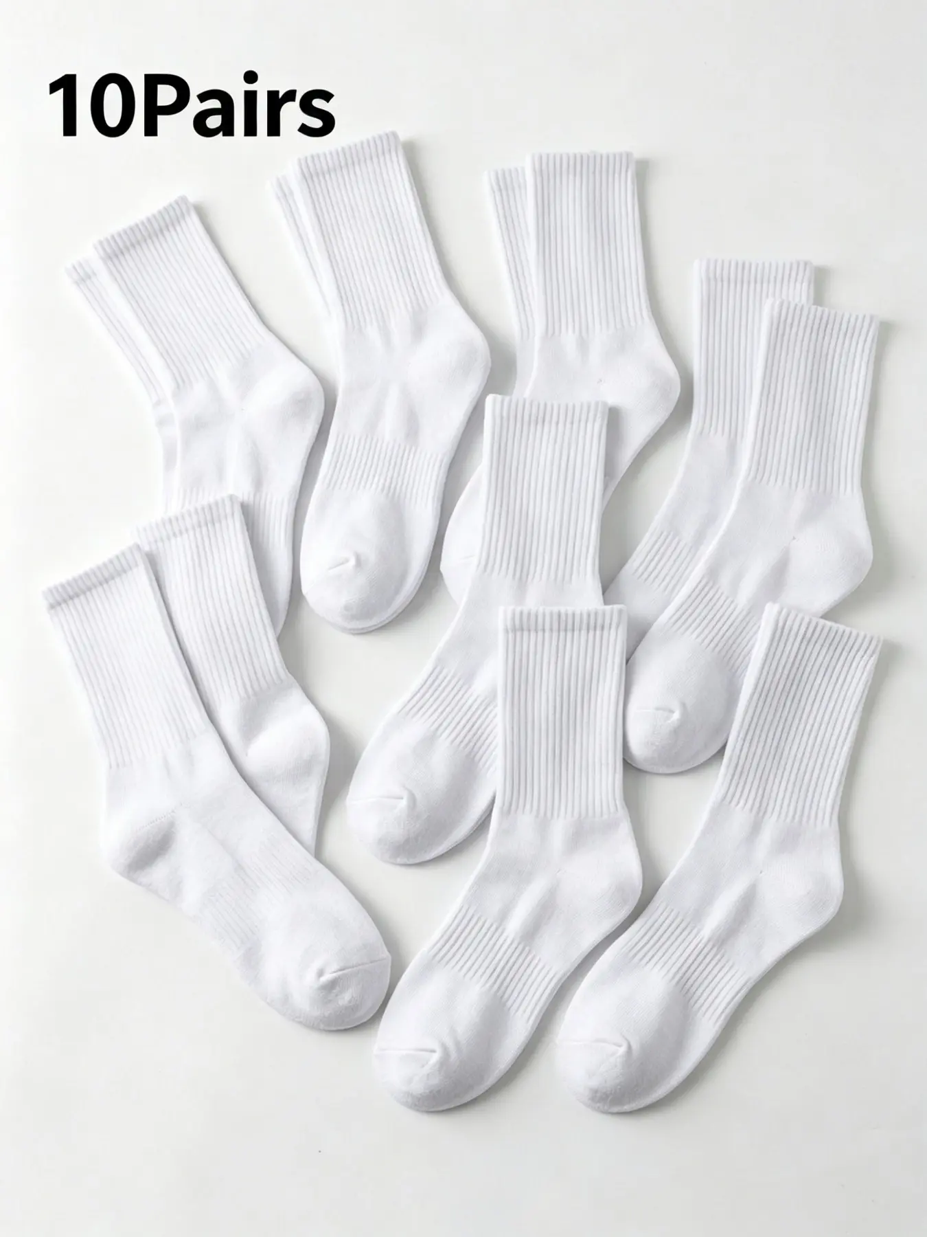 10 Pairs Bulk White Ribbed Crew Socks, Men Women Breathable Cotton Fit Athletic Sport Mid Calf Socks, Basic Casual Daily Socks for Sneakers