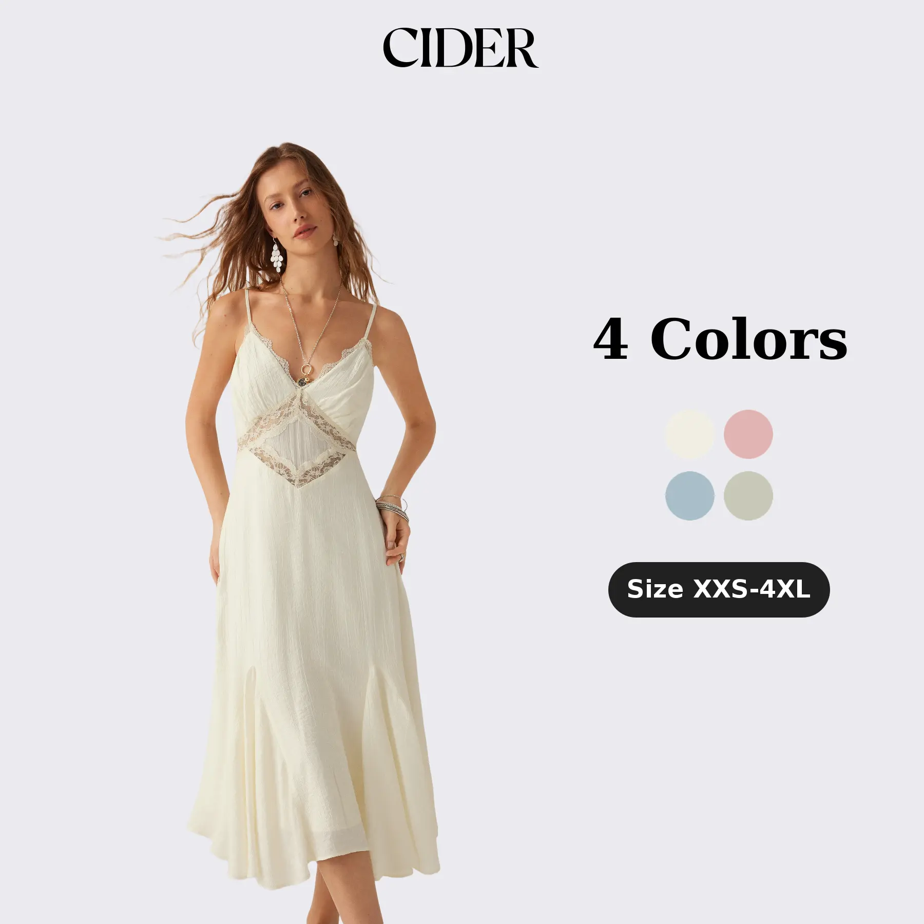 Cider Boho Summer Lace Panel Midi Dress for Beach Vacation, Elegant A-Line Cami Dresses, Ladies Casual Sundress, Spring Birthday Outfits, Lady Gown SohoChic