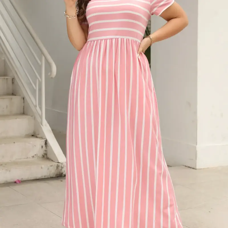 Plus Size Striped Print Pocket Round Neck Tee Dress, Dresses with Pockets, Casual Comfy Chic, Summer Clothes, Casual Short Sleeve Long Dress for Summer, Sundress Maxi Dress, Women's Clothing for Daily Wear
