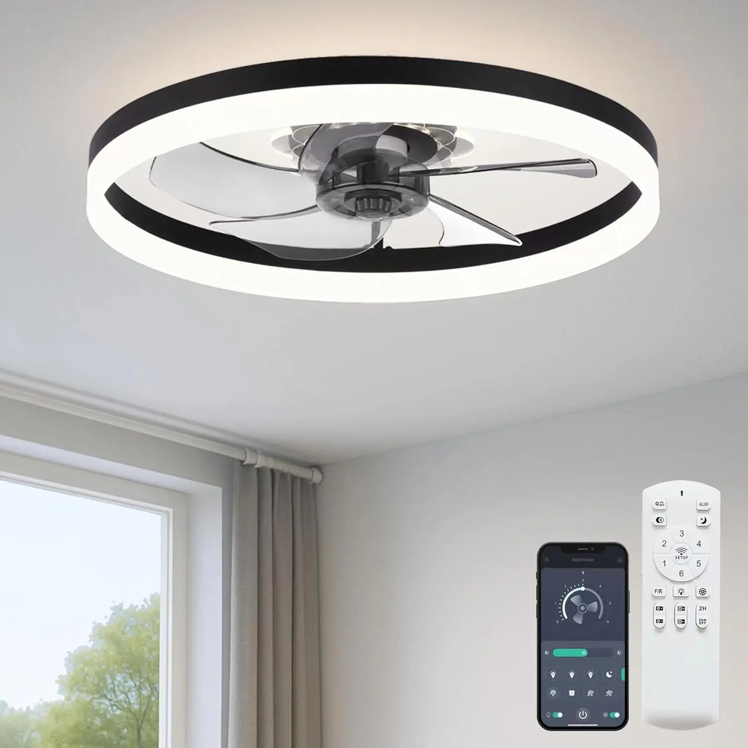 20'' Ceiling Fan with Light and Remote, Low Profile Ceiling Fan with Light, Dimmable Flush Mount Ceiling Fan Light, 6 Speeds Fan, App&Remote Control, Fandelier Quiet Fan for Bedroom F115 White