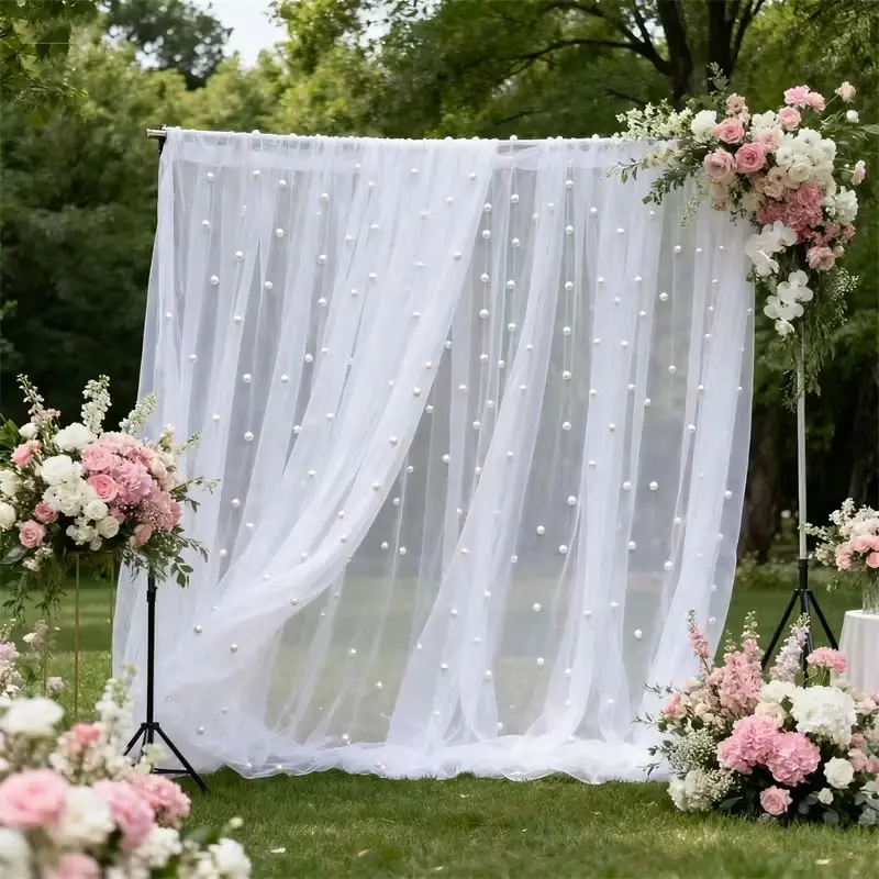 Elegant Pearl Trimmed Sheer Table Runner, 9.84 Ft Polyester Fabric, Perfect for Weddings, Christmas, Valentine's Day Events