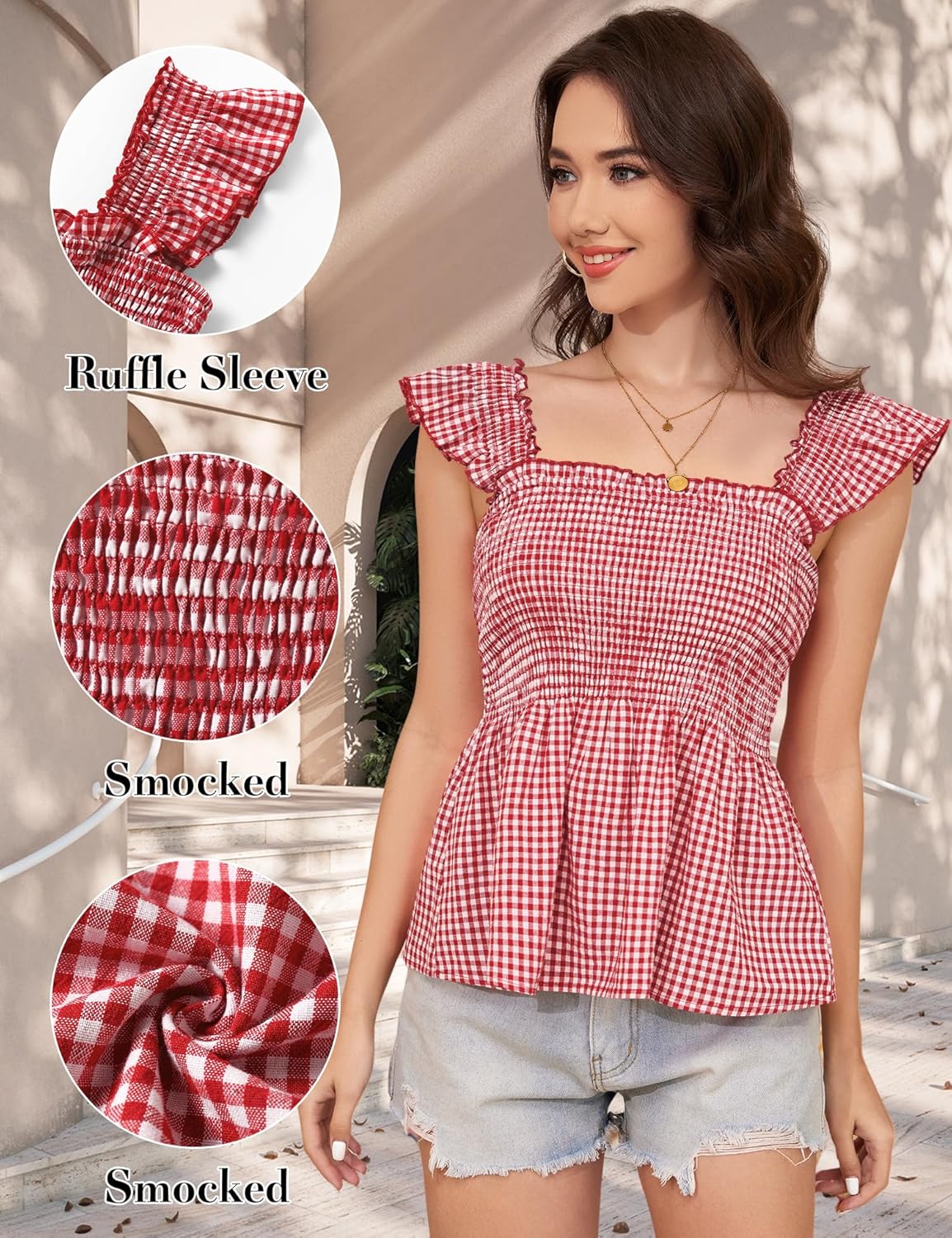 Womens Tank Tops Fashion Summer Ruffle Flying Sleeve Smocked Blouses Square Neck Sleeveless Shirts Babydoll Shirt