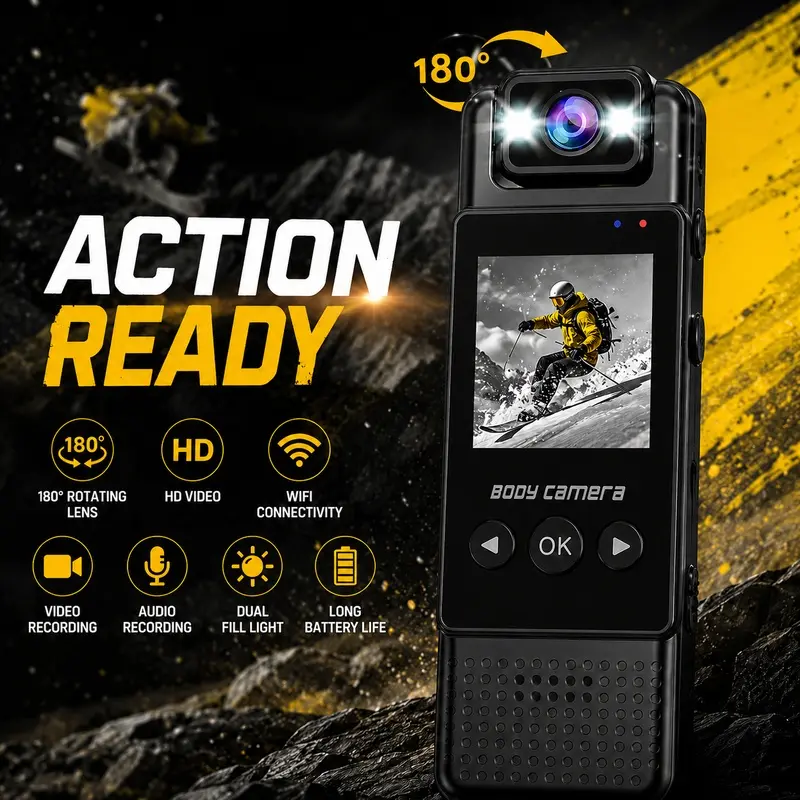 Action Camera HD Body Worn Camera, USB Rechargeable Wearable Recording Cam with Infrared Night Vision, WiFi Hotspot, Wearable Video Recorder for Outdoor Vlogging Sports and Cycling